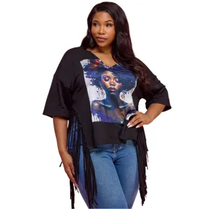 Regular Deep V-Neck Short Sleeve Side Fringe T-Shirt