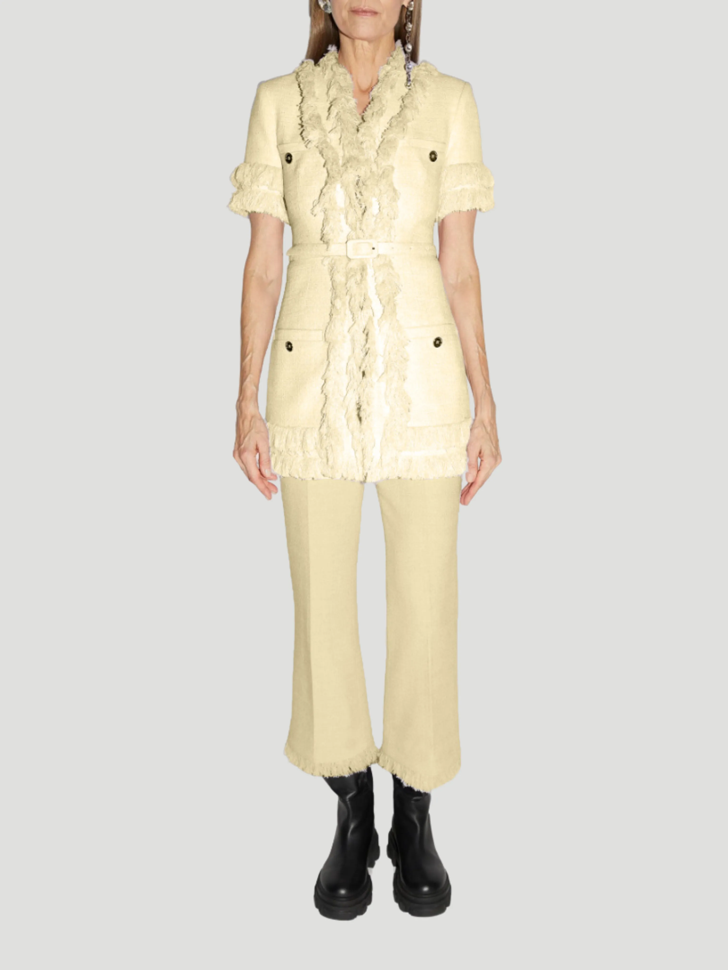 Renya Tweed Short-Sleeved Fringe Trim Vest in Yellow