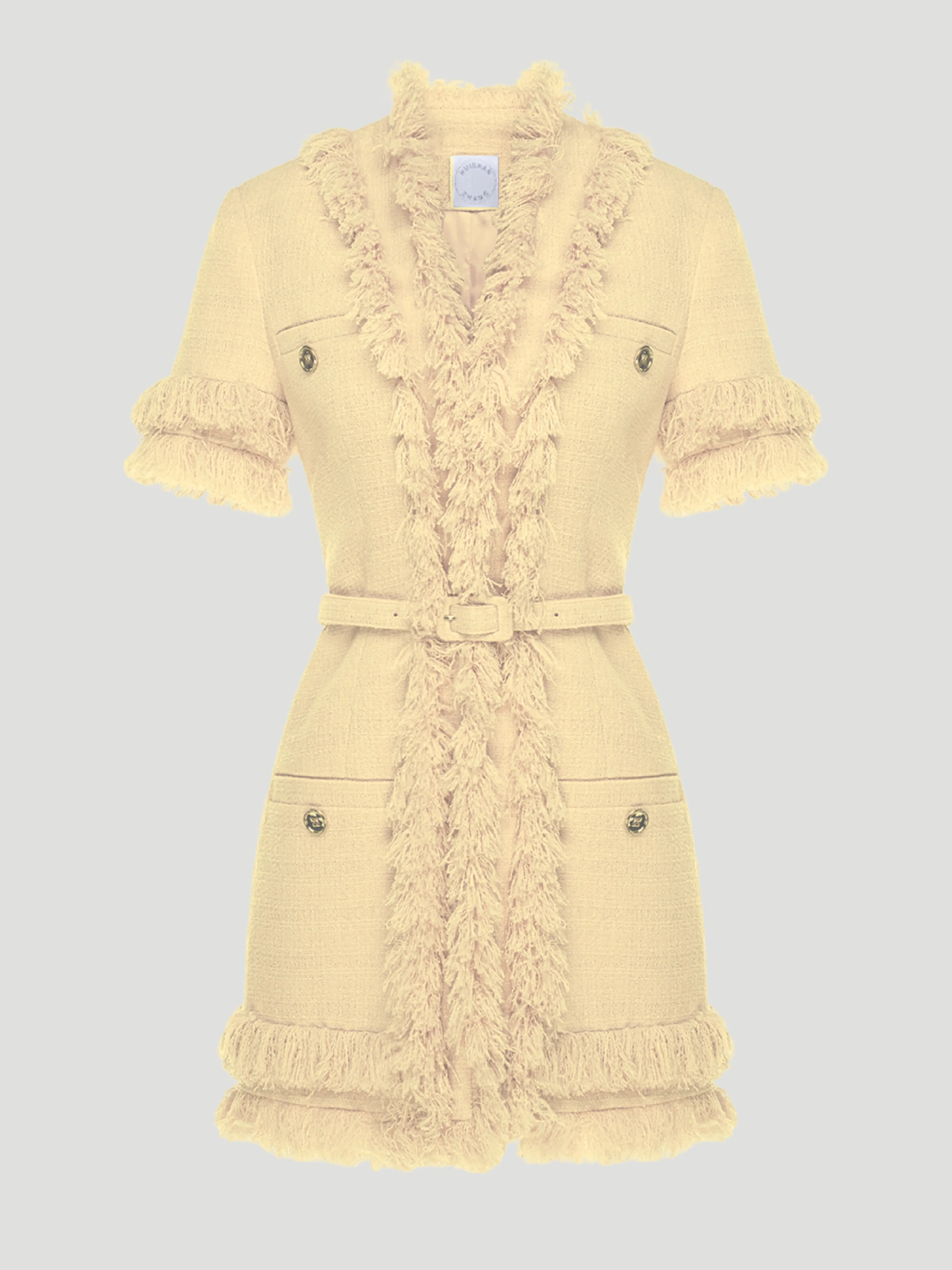 Renya Tweed Short-Sleeved Fringe Trim Vest in Yellow