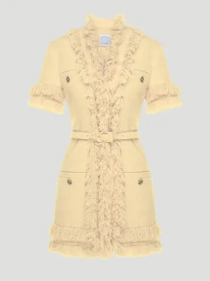Renya Tweed Short-Sleeved Fringe Trim Vest in Yellow