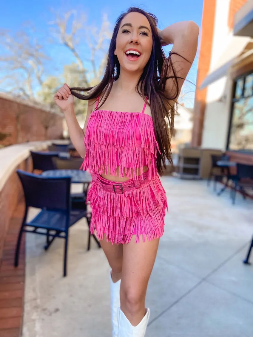 Rhinestone Fringe Mini Skort- Pink
