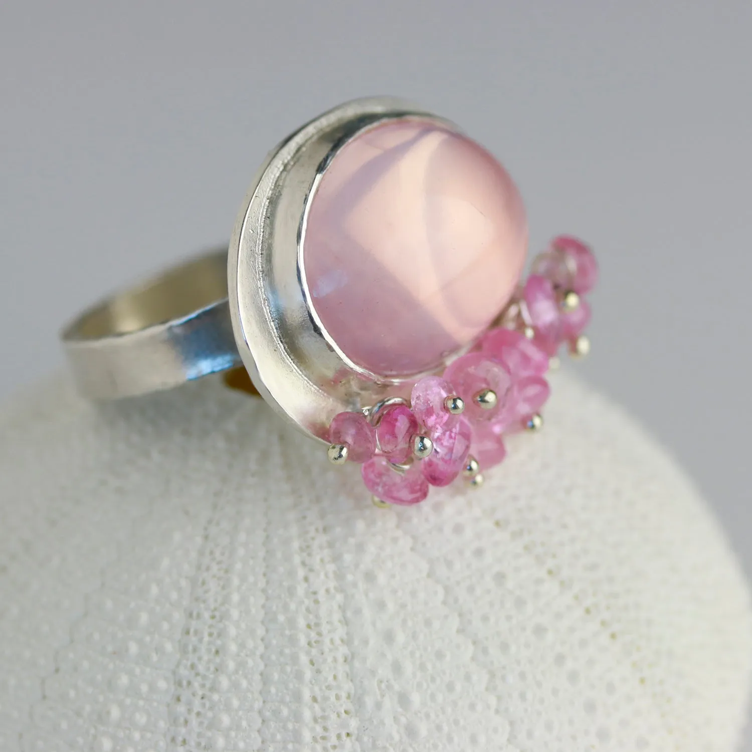 Rose Quartz Ring with Pink Tourmaline Fringe. Size 6 1/2.