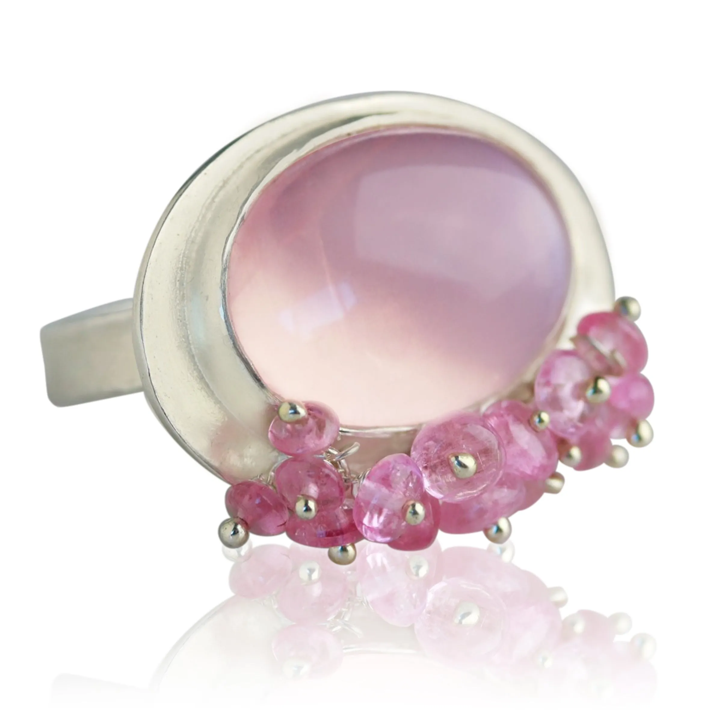 Rose Quartz Ring with Pink Tourmaline Fringe. Size 6 1/2.