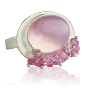 Rose Quartz Ring with Pink Tourmaline Fringe. Size 6 1/2.