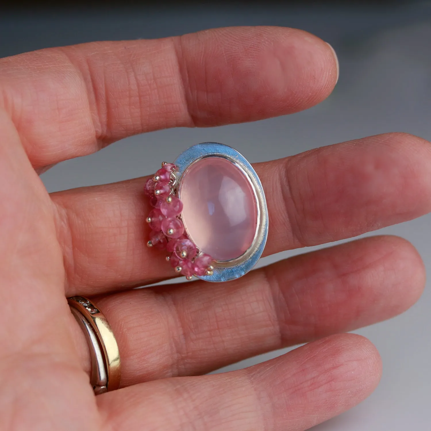 Rose Quartz Ring with Pink Tourmaline Fringe. Size 6 1/2.