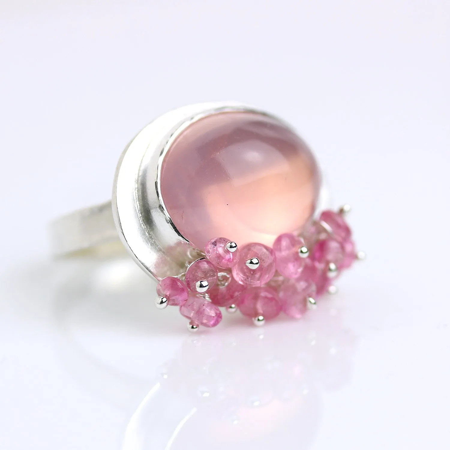 Rose Quartz Ring with Pink Tourmaline Fringe. Size 6 1/2.