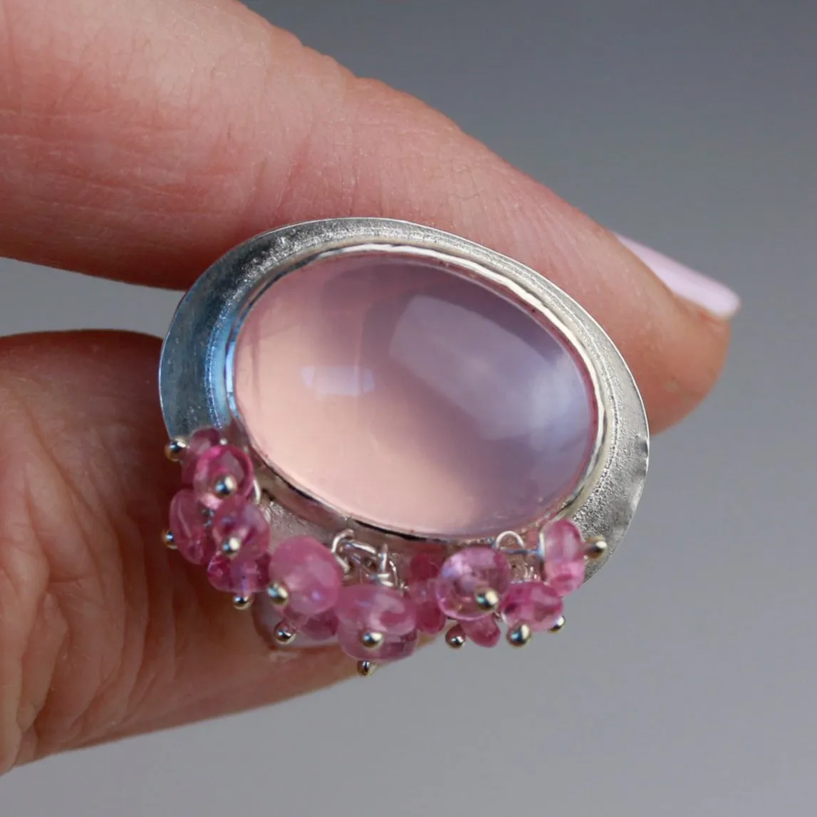 Rose Quartz Ring with Pink Tourmaline Fringe. Size 6 1/2.