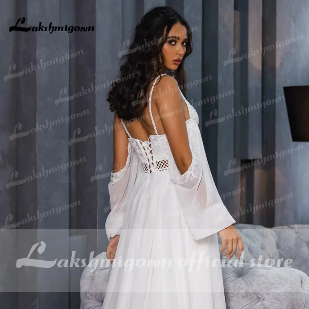 Roycebridal Chiffon Backless Spaghetti Straps lantern Sleeve Wedding Dresses