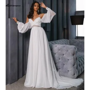 Roycebridal Chiffon Backless Spaghetti Straps lantern Sleeve Wedding Dresses
