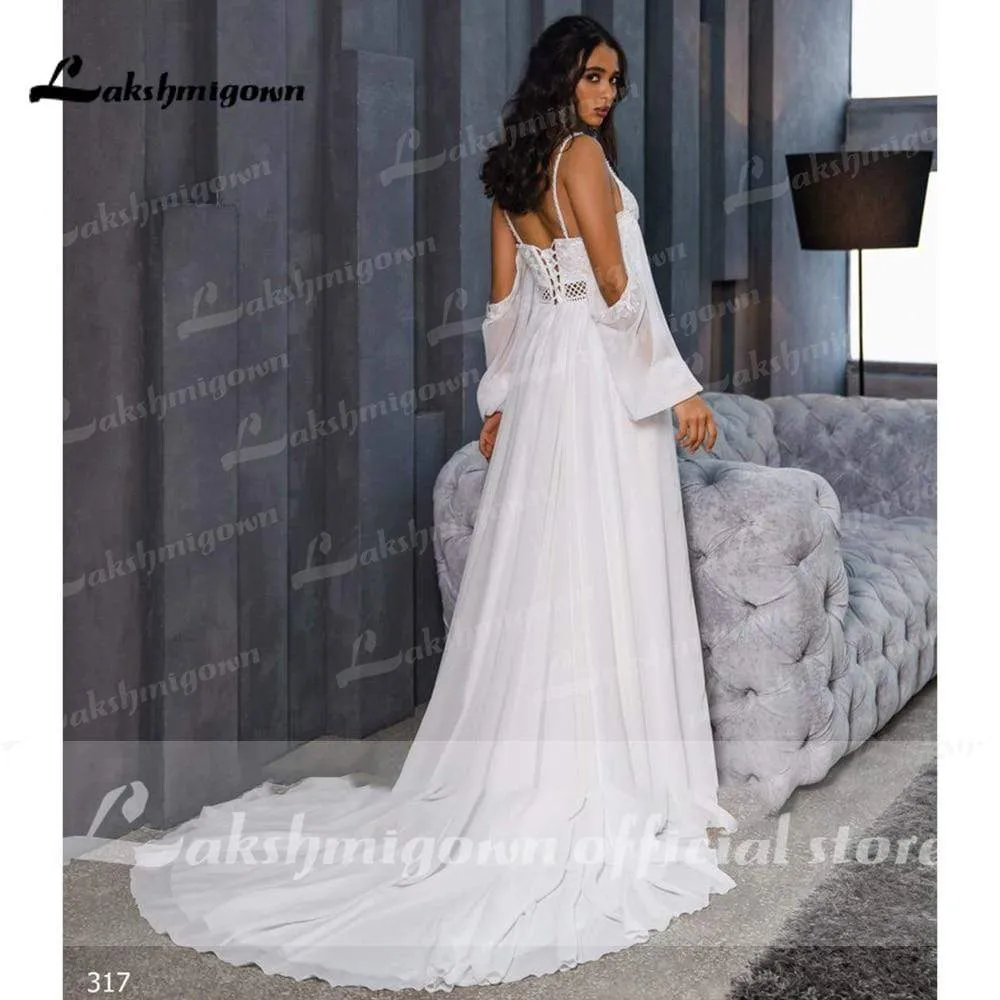 Roycebridal Chiffon Backless Spaghetti Straps lantern Sleeve Wedding Dresses