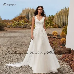 Roycebridal Lakshmigown Sexy Bridal Robe Boho Wedding Dresses 2022 Robe Mariage Lace Appliques Sheer Illusion V neck A Line Wedding Dresses