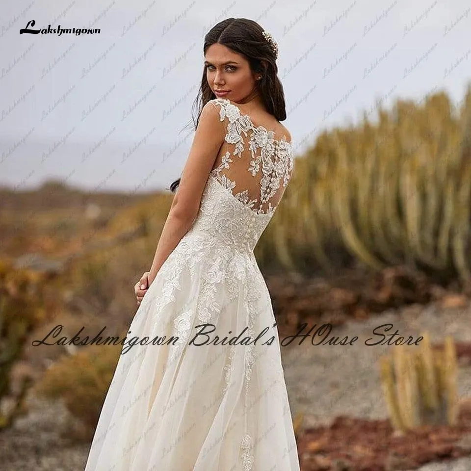 Roycebridal Lakshmigown Sexy Bridal Robe Boho Wedding Dresses 2022 Robe Mariage Lace Appliques Sheer Illusion V neck A Line Wedding Dresses