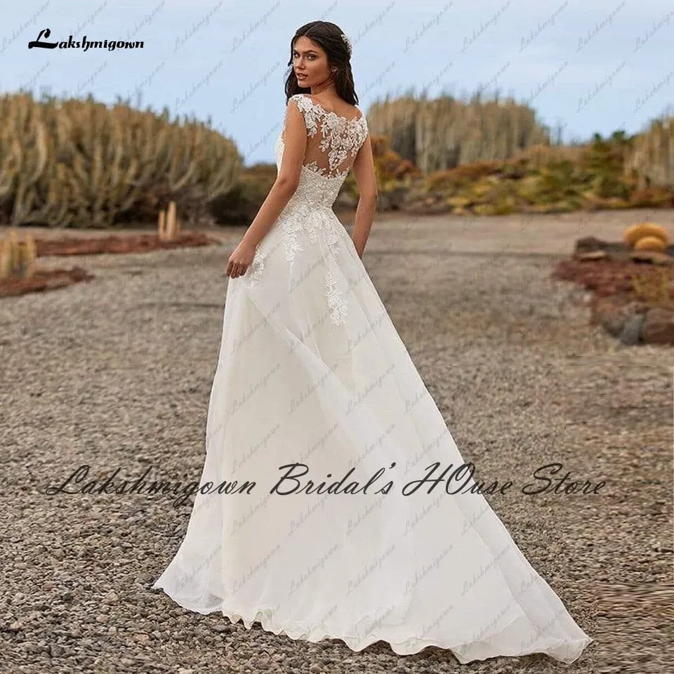 Roycebridal Lakshmigown Sexy Bridal Robe Boho Wedding Dresses 2022 Robe Mariage Lace Appliques Sheer Illusion V neck A Line Wedding Dresses