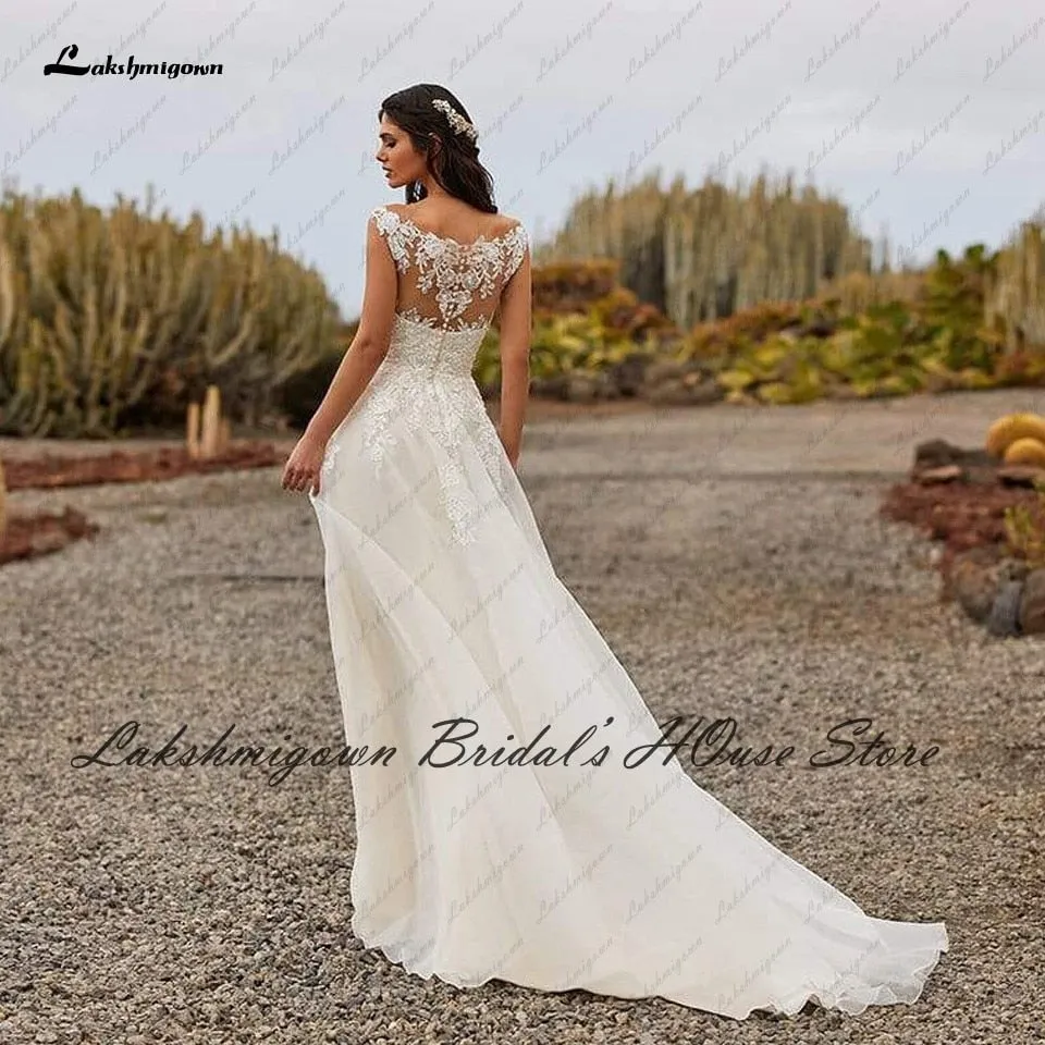 Roycebridal Lakshmigown Sexy Bridal Robe Boho Wedding Dresses 2022 Robe Mariage Lace Appliques Sheer Illusion V neck A Line Wedding Dresses