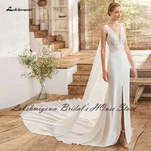 Roycebridal Modest Bridal Robe Satin Wedding Dress Long Cape 2025 V neck Civil Boho Mermaid Wedding Gowns Front Split Lakshmigown