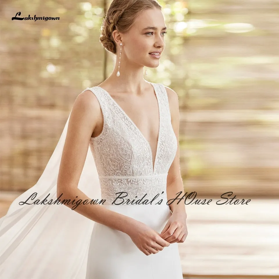 Roycebridal Modest Bridal Robe Satin Wedding Dress Long Cape 2025 V neck Civil Boho Mermaid Wedding Gowns Front Split Lakshmigown