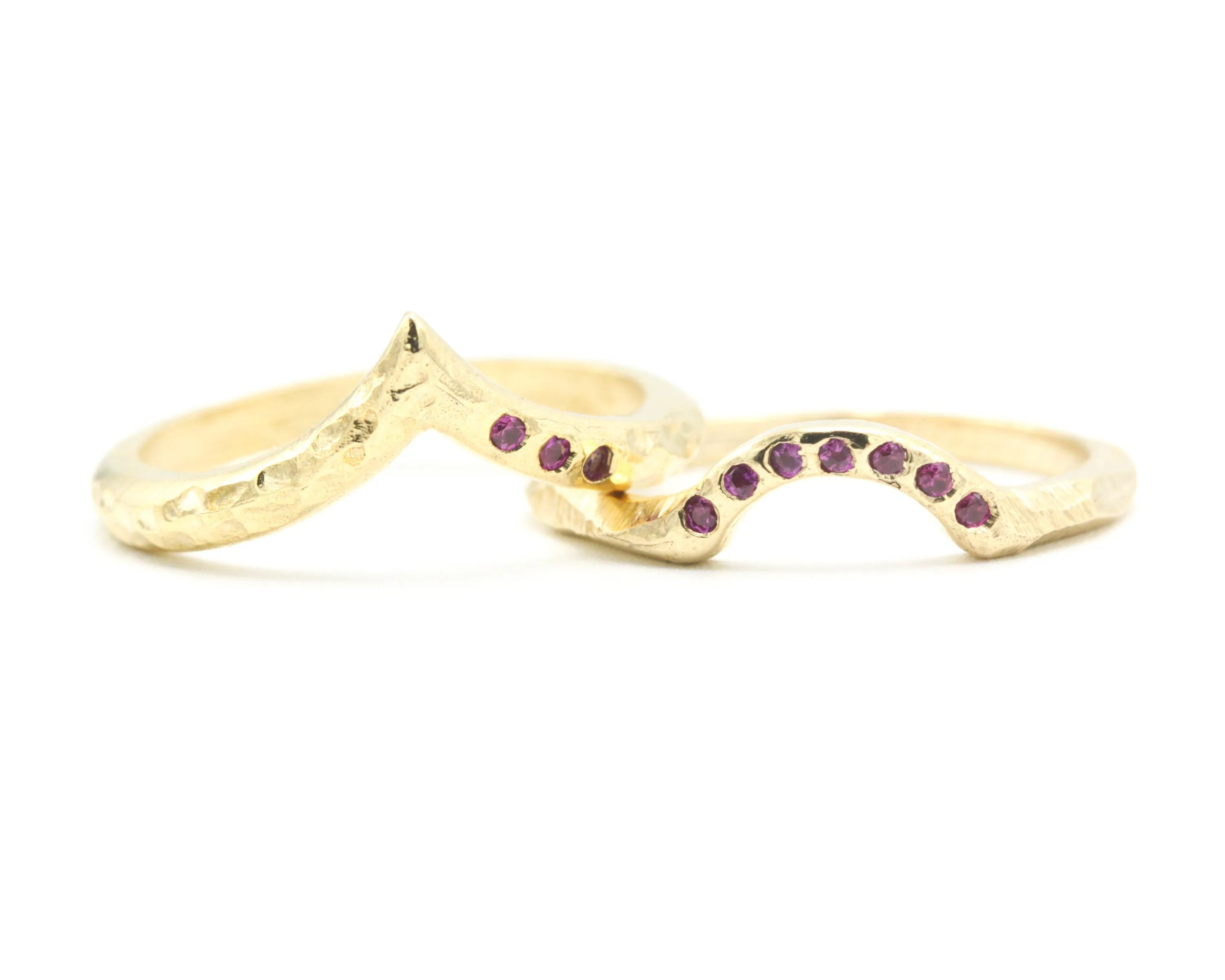 Set of 2 14k gold with geometric design ring and tiny 7 ruby on the center set with 14k gold band ring with tiny 3 ruby on the side