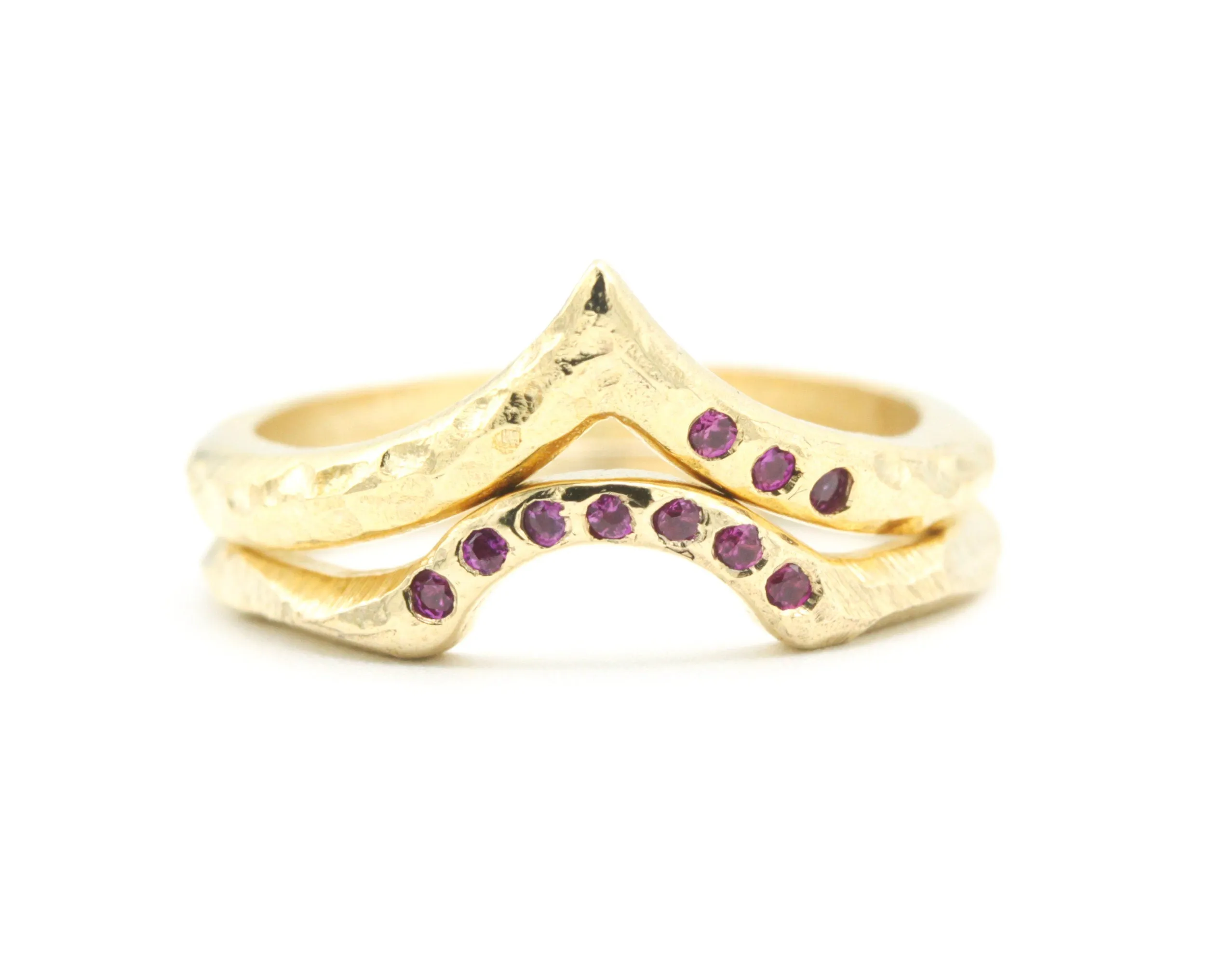 Set of 2 14k gold with geometric design ring and tiny 7 ruby on the center set with 14k gold band ring with tiny 3 ruby on the side