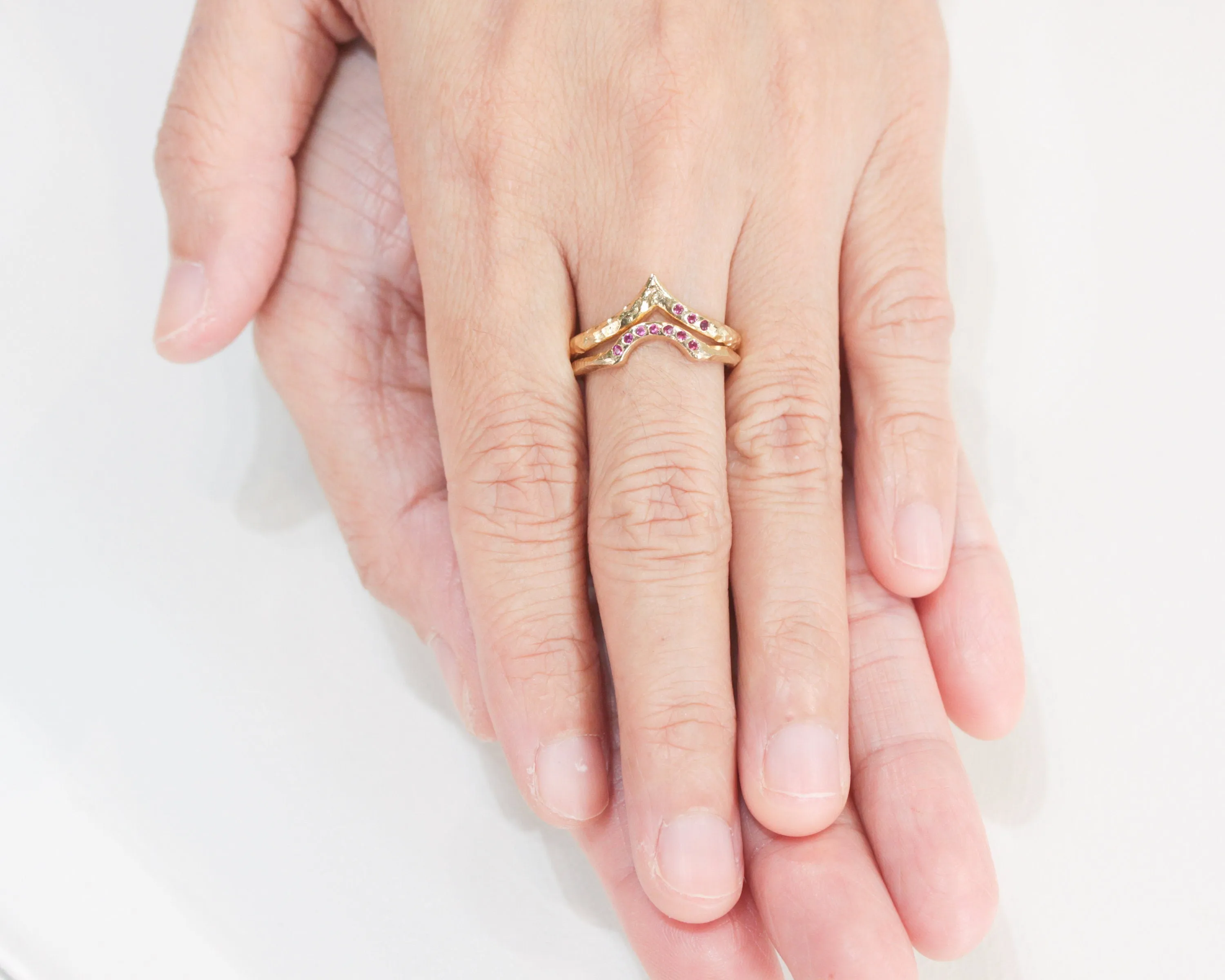 Set of 2 14k gold with geometric design ring and tiny 7 ruby on the center set with 14k gold band ring with tiny 3 ruby on the side