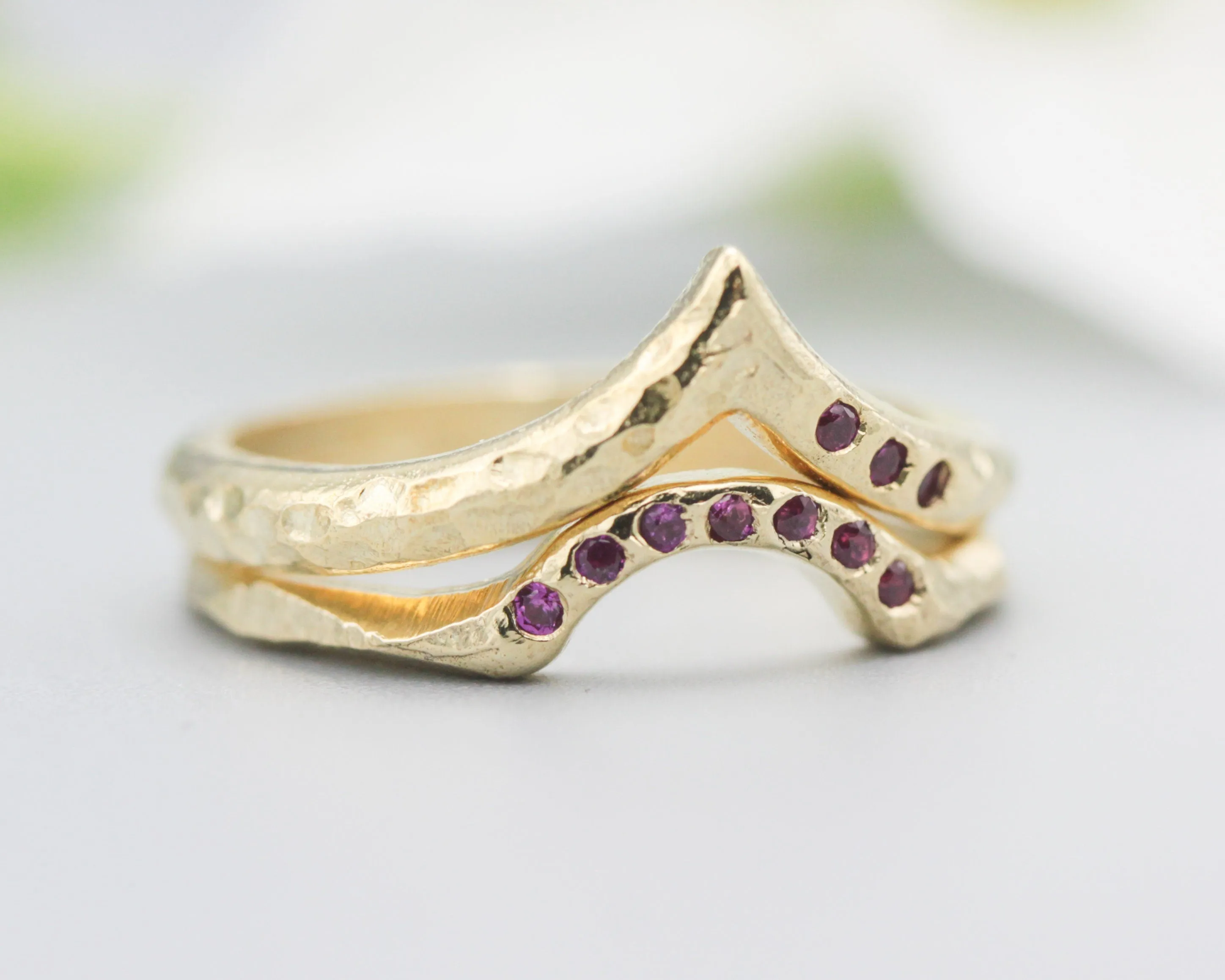Set of 2 14k gold with geometric design ring and tiny 7 ruby on the center set with 14k gold band ring with tiny 3 ruby on the side