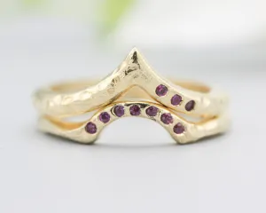 Set of 2 14k gold with geometric design ring and tiny 7 ruby on the center set with 14k gold band ring with tiny 3 ruby on the side