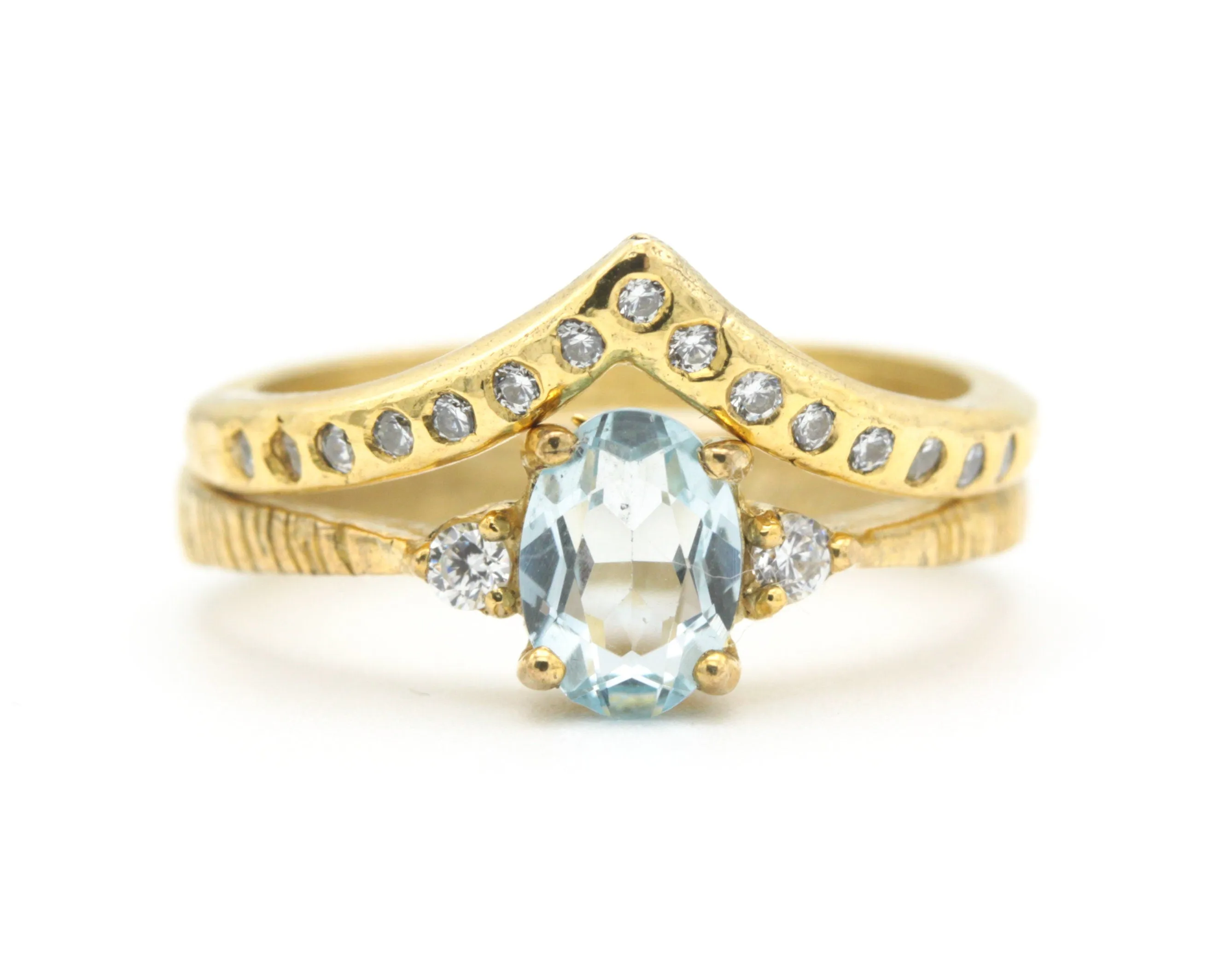 Set of 2 Oval Blue topaz ring and diamond side set in prongs setting with 14k gold band set with 14k gold band ring and tiny 15 diamond