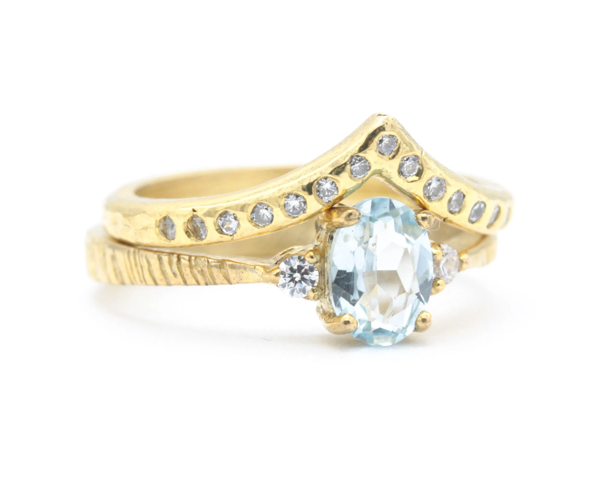 Set of 2 Oval Blue topaz ring and diamond side set in prongs setting with 14k gold band set with 14k gold band ring and tiny 15 diamond