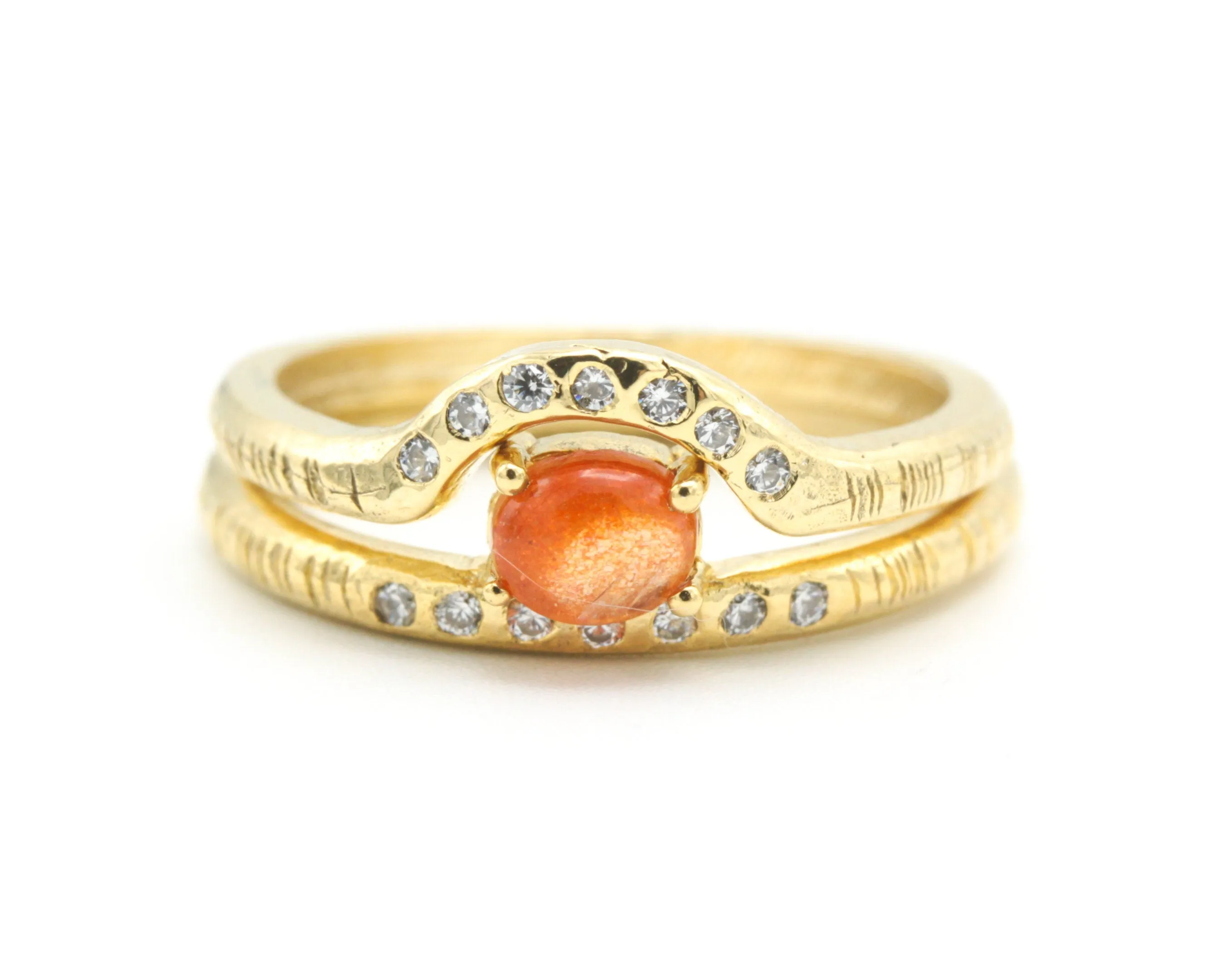 Set of 2 Oval cabochon Sunstone ring with tiny diamonds on 14k gold band set with 14k gold band ring with tiny 7 diamond on the center