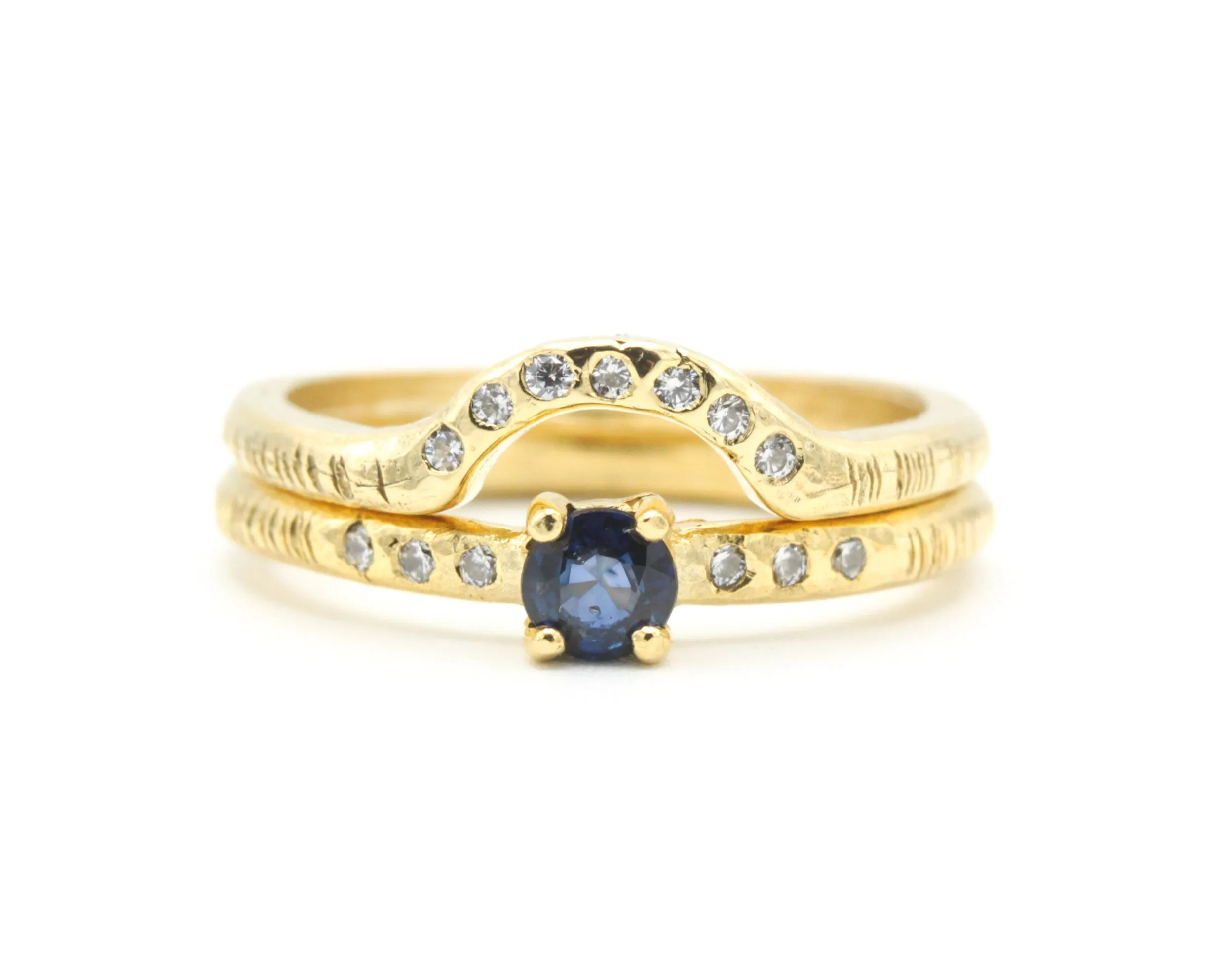 Set of 2 Round faceted blue sapphire ring with tiny diamonds on 14k gold band set with 14k gold band ring with tiny 7 diamond on the center