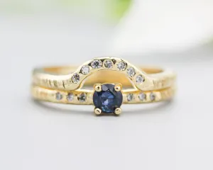 Set of 2 Round faceted blue sapphire ring with tiny diamonds on 14k gold band set with 14k gold band ring with tiny 7 diamond on the center