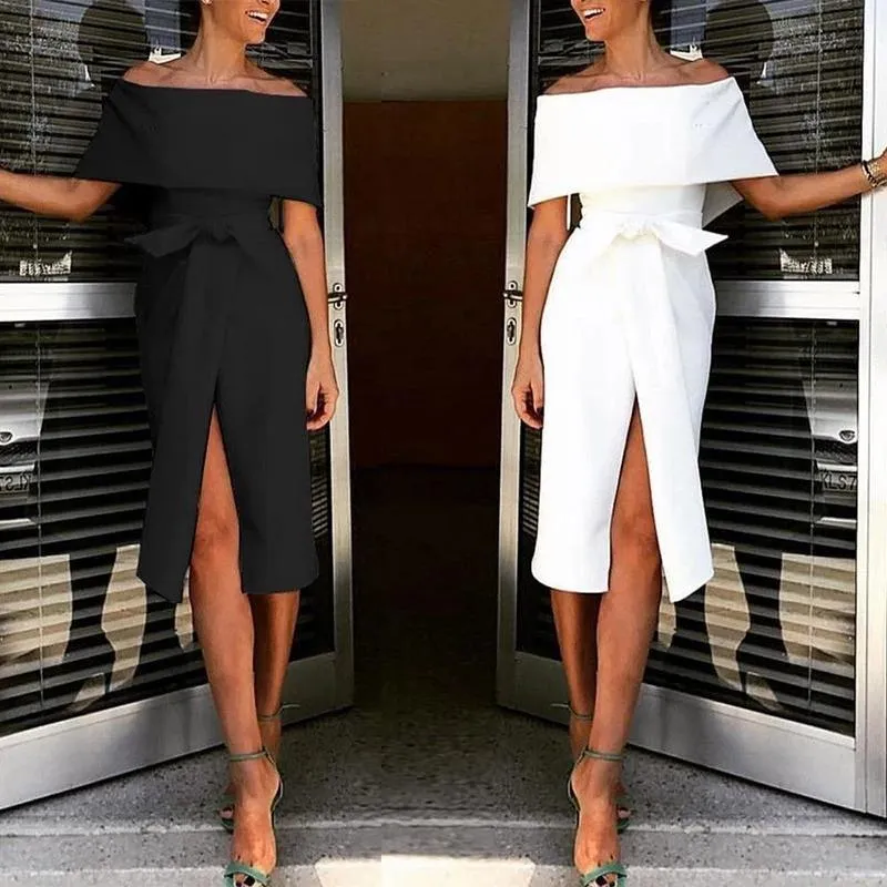 Sexy Classy Off The Shoulder Split Midi Dresses