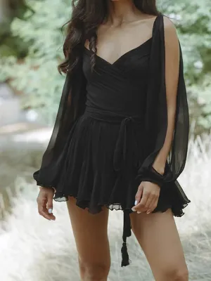 Sexy Pleated Mini Dress Summer Fashion V-Neck w/ Split Long Sleeve A-Line Dresses Beach Holiday Dress