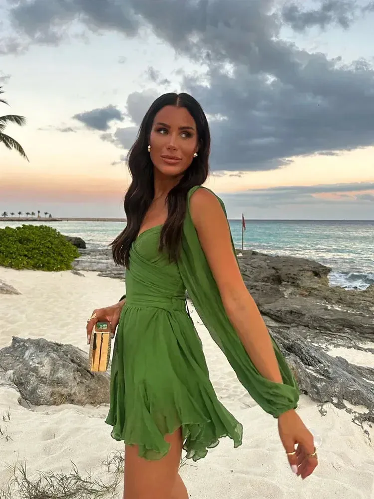 Sexy Pleated Mini Dress Summer Fashion V-Neck w/ Split Long Sleeve A-Line Dresses Beach Holiday Dress