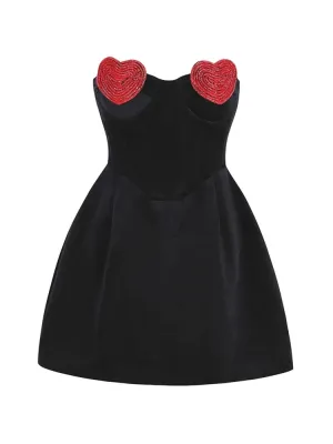 Sexy Strapless Heart Shape Crystal Design Mini Dress Black Velvet Red Heart Diamond Design A-Line Dress Evening Party Clubwear