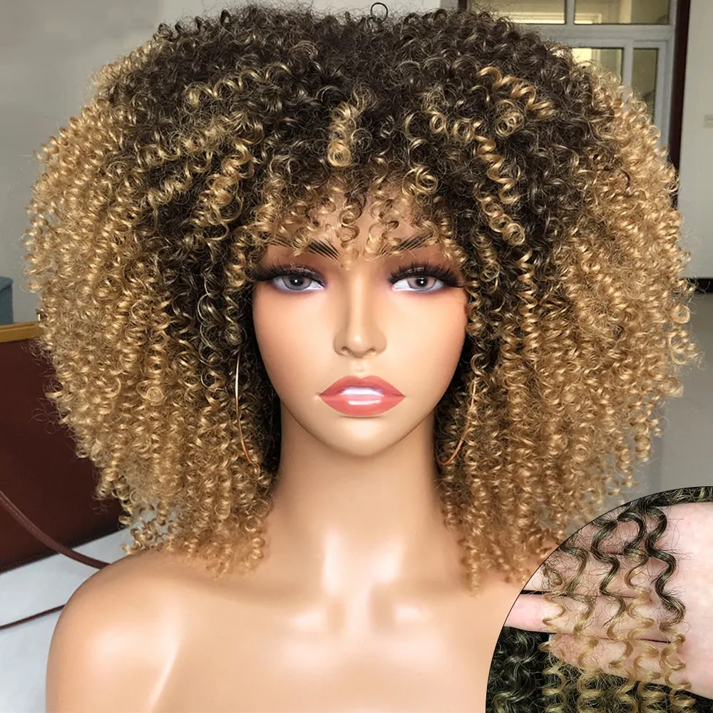 Short Afro Kinky Curly Wig With Bangs For Black Women Cosplay Lolita Natural Hair Ombre Mixed Brown Synthetic African Wigs