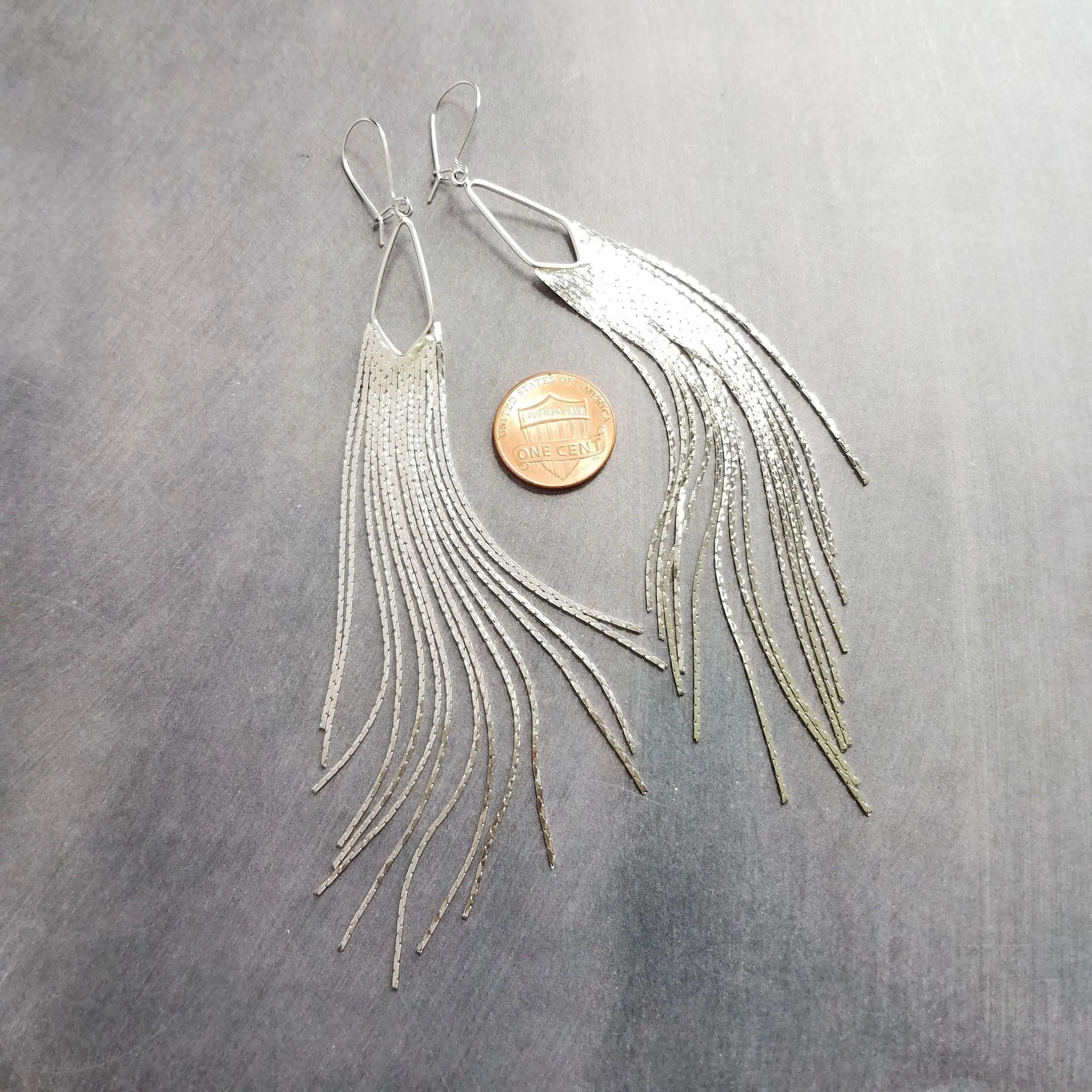 Silver Chain Fringe Earrings - silver tassel earring, chain dangle, v shape, thin chain fringe, chain tassel, 5.6 inch, extra long earring