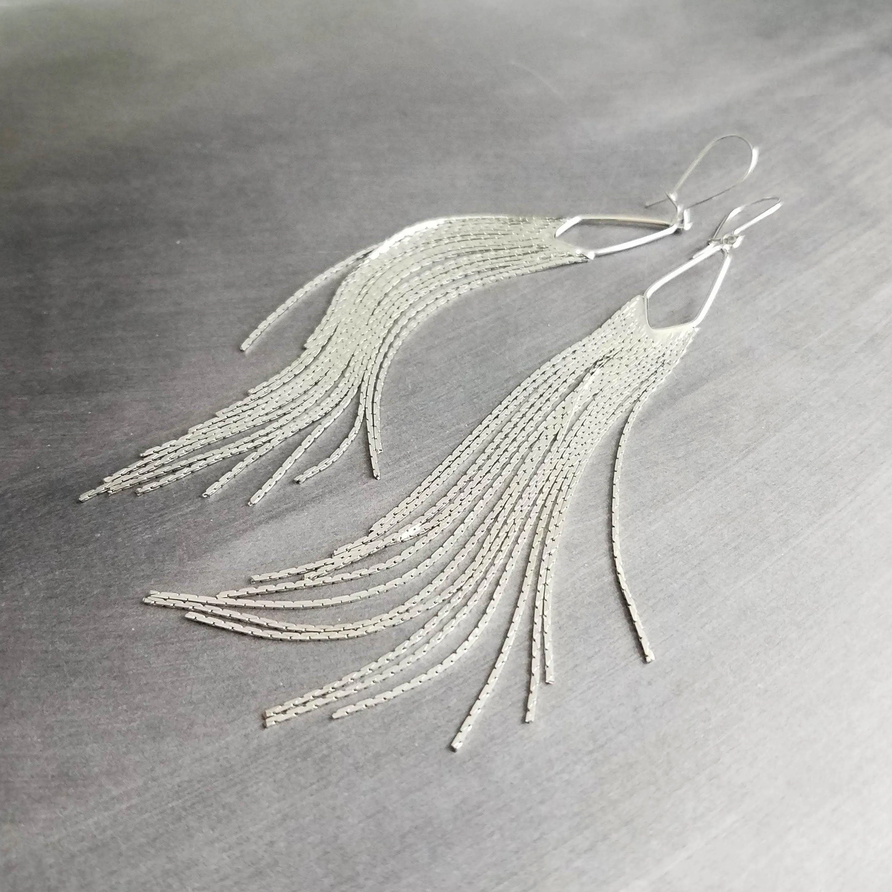 Silver Chain Fringe Earrings - silver tassel earring, chain dangle, v shape, thin chain fringe, chain tassel, 5.6 inch, extra long earring