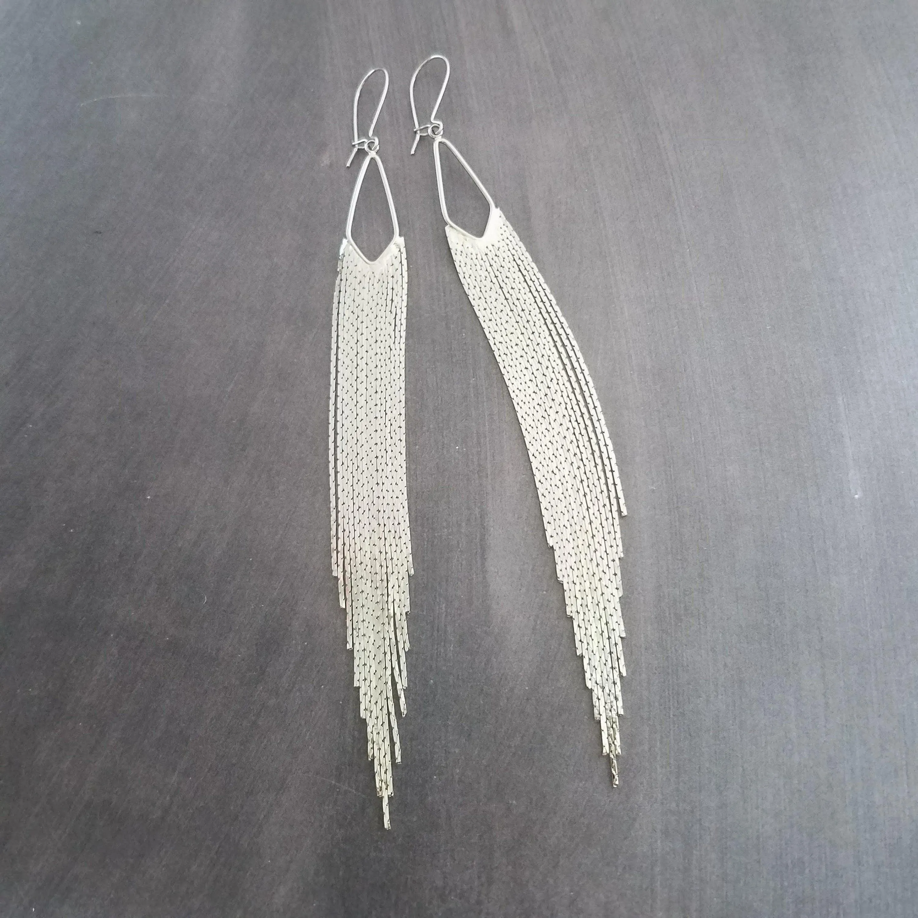 Silver Chain Fringe Earrings - silver tassel earring, chain dangle, v shape, thin chain fringe, chain tassel, 5.6 inch, extra long earring