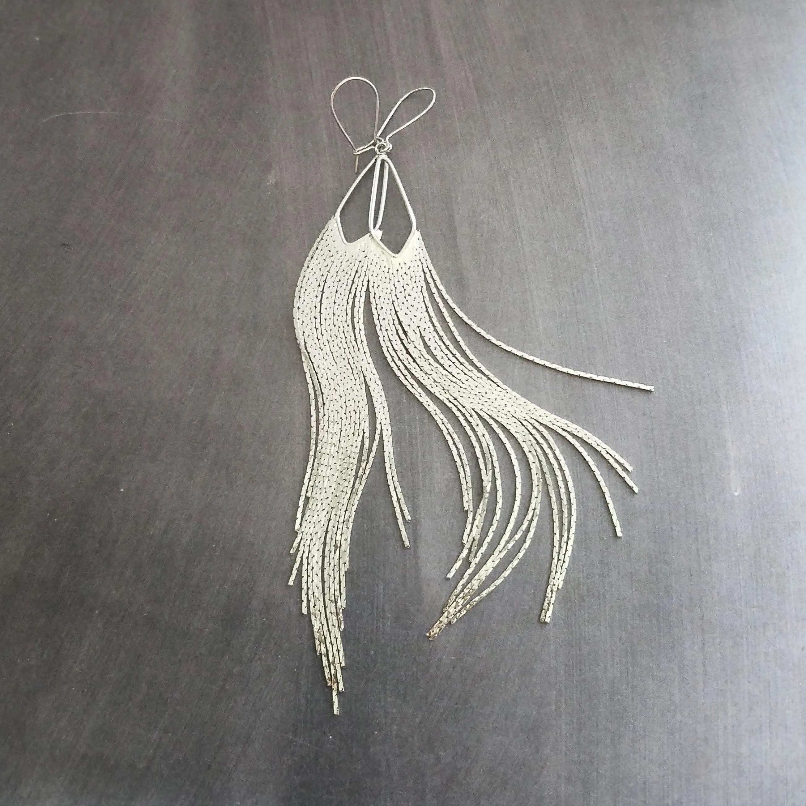 Silver Chain Fringe Earrings - silver tassel earring, chain dangle, v shape, thin chain fringe, chain tassel, 5.6 inch, extra long earring