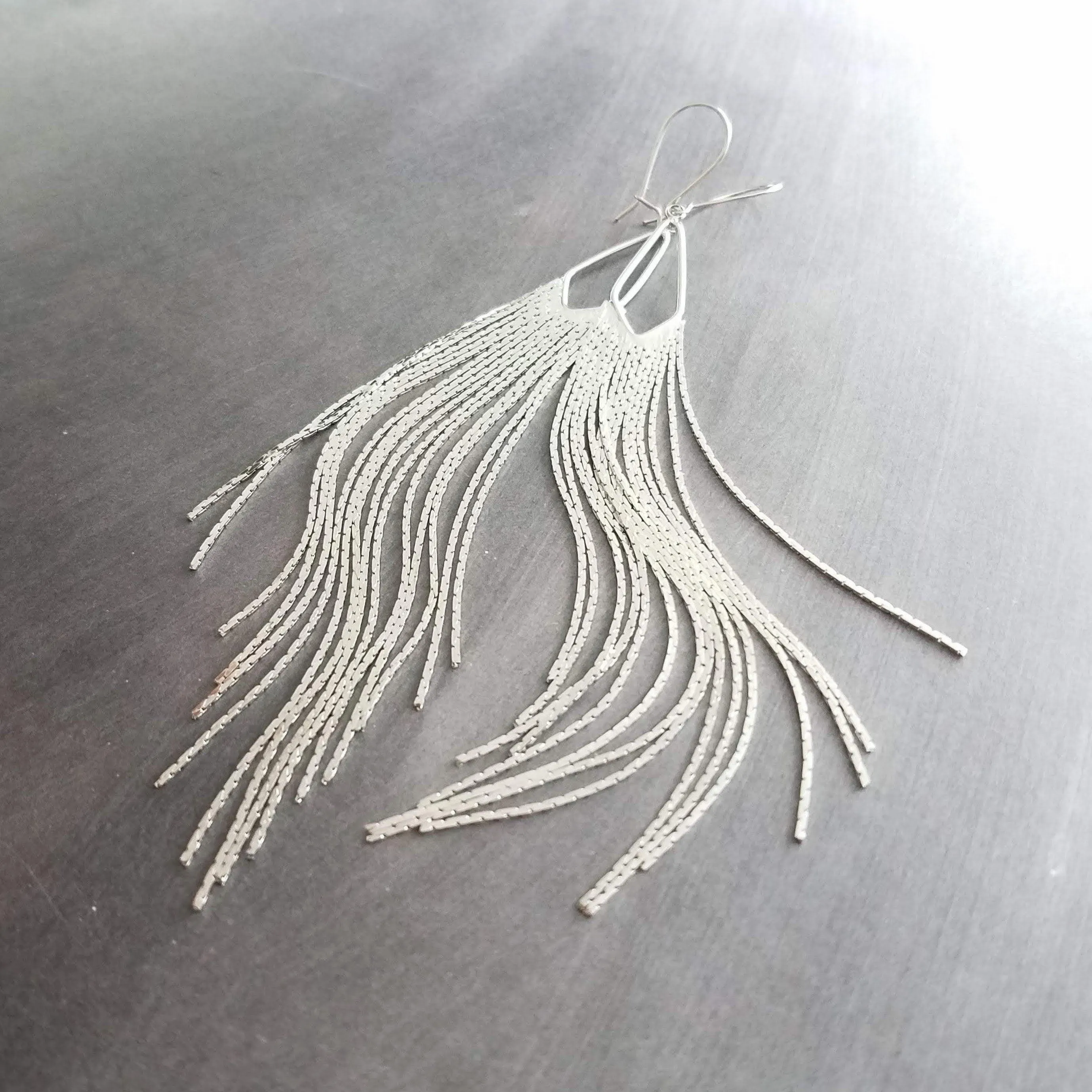 Silver Chain Fringe Earrings - silver tassel earring, chain dangle, v shape, thin chain fringe, chain tassel, 5.6 inch, extra long earring