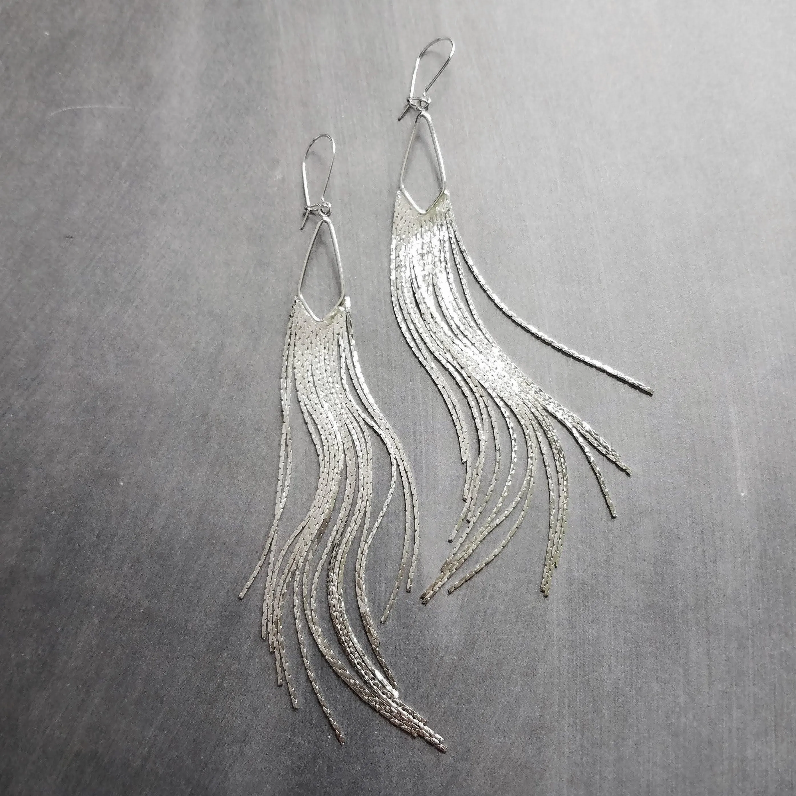 Silver Chain Fringe Earrings - silver tassel earring, chain dangle, v shape, thin chain fringe, chain tassel, 5.6 inch, extra long earring
