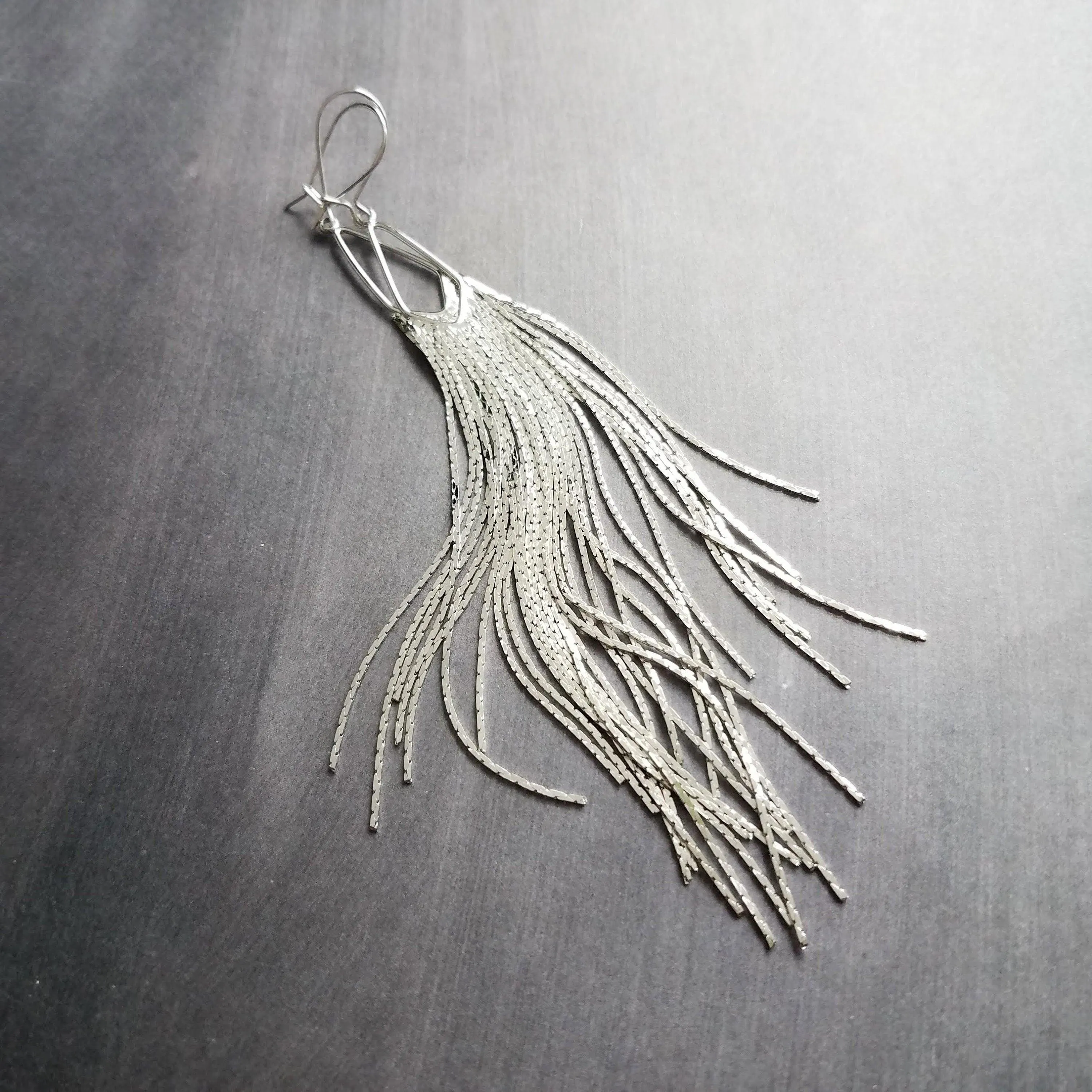 Silver Chain Fringe Earrings - silver tassel earring, chain dangle, v shape, thin chain fringe, chain tassel, 5.6 inch, extra long earring