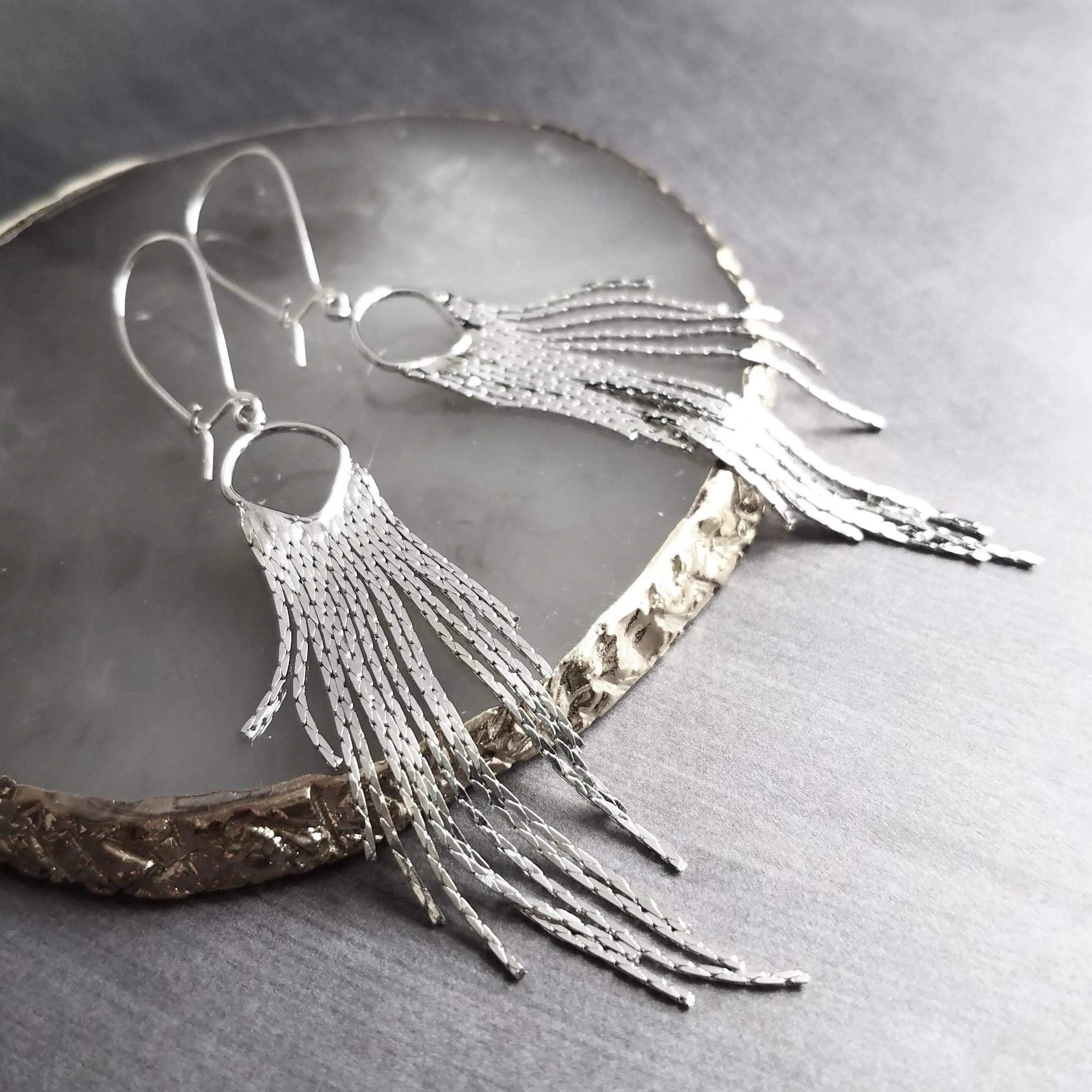 Silver Fringe Earrings - thin snake chain strands, chain dangle, v shape chain, thin chain fringe, chain tassel, 4" long earring, sexy