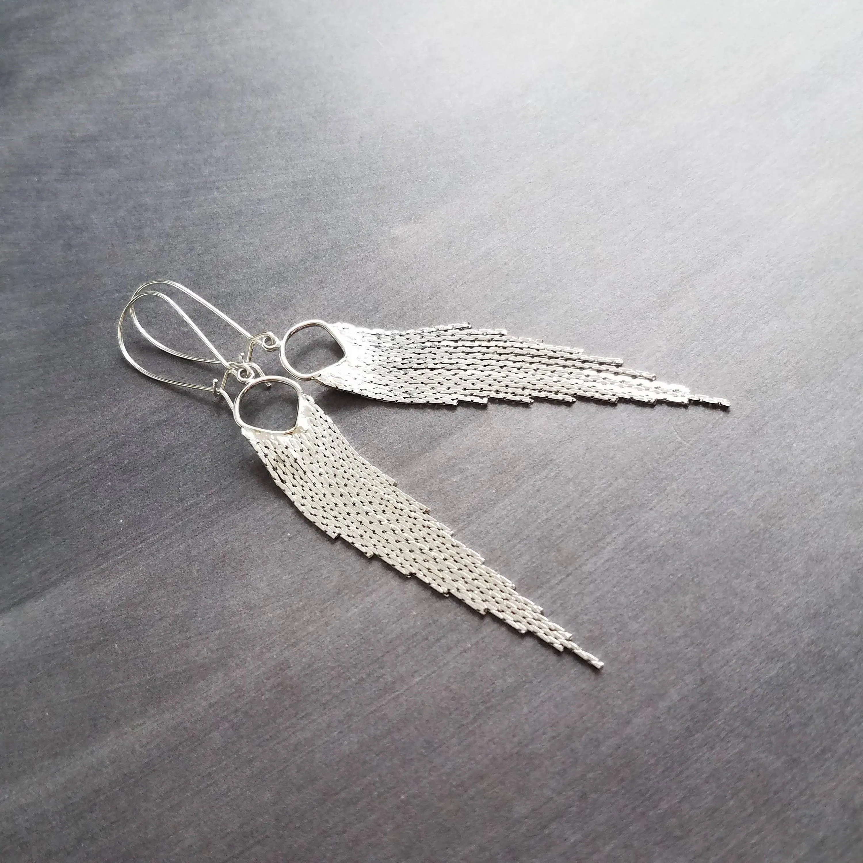 Silver Fringe Earrings - thin snake chain strands, chain dangle, v shape chain, thin chain fringe, chain tassel, 4" long earring, sexy