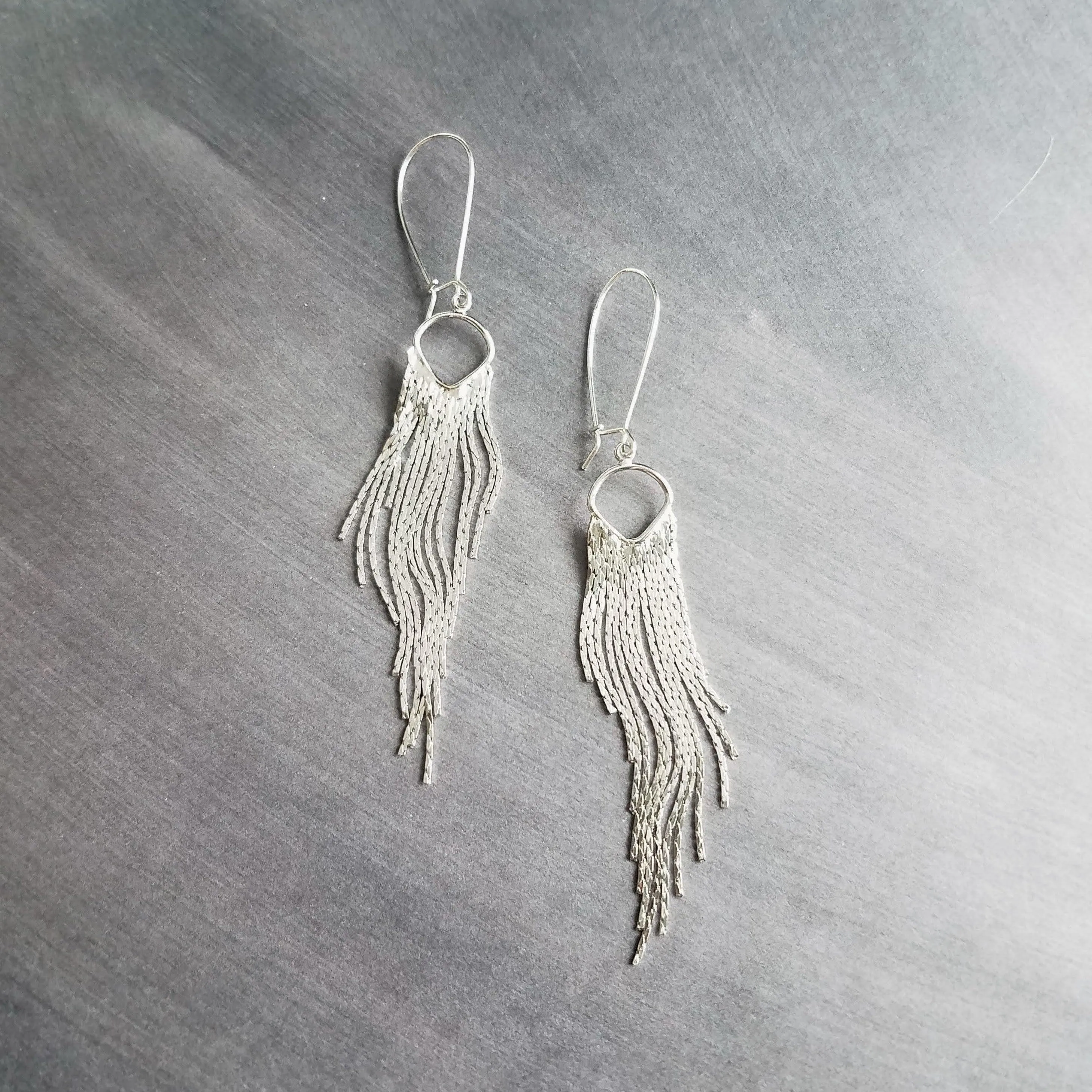 Silver Fringe Earrings - thin snake chain strands, chain dangle, v shape chain, thin chain fringe, chain tassel, 4" long earring, sexy