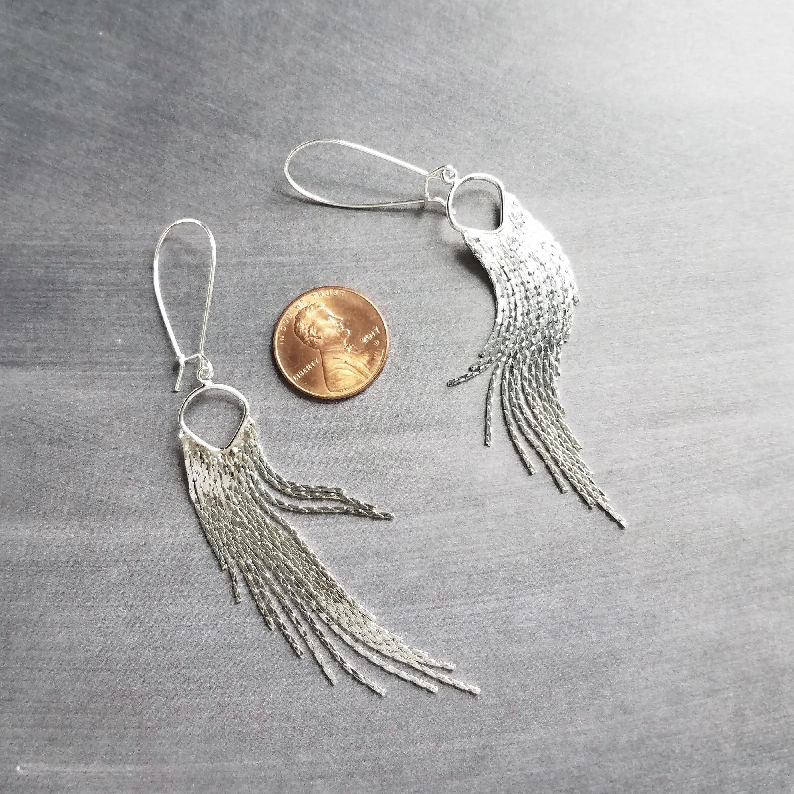 Silver Fringe Earrings - thin snake chain strands, chain dangle, v shape chain, thin chain fringe, chain tassel, 4" long earring, sexy