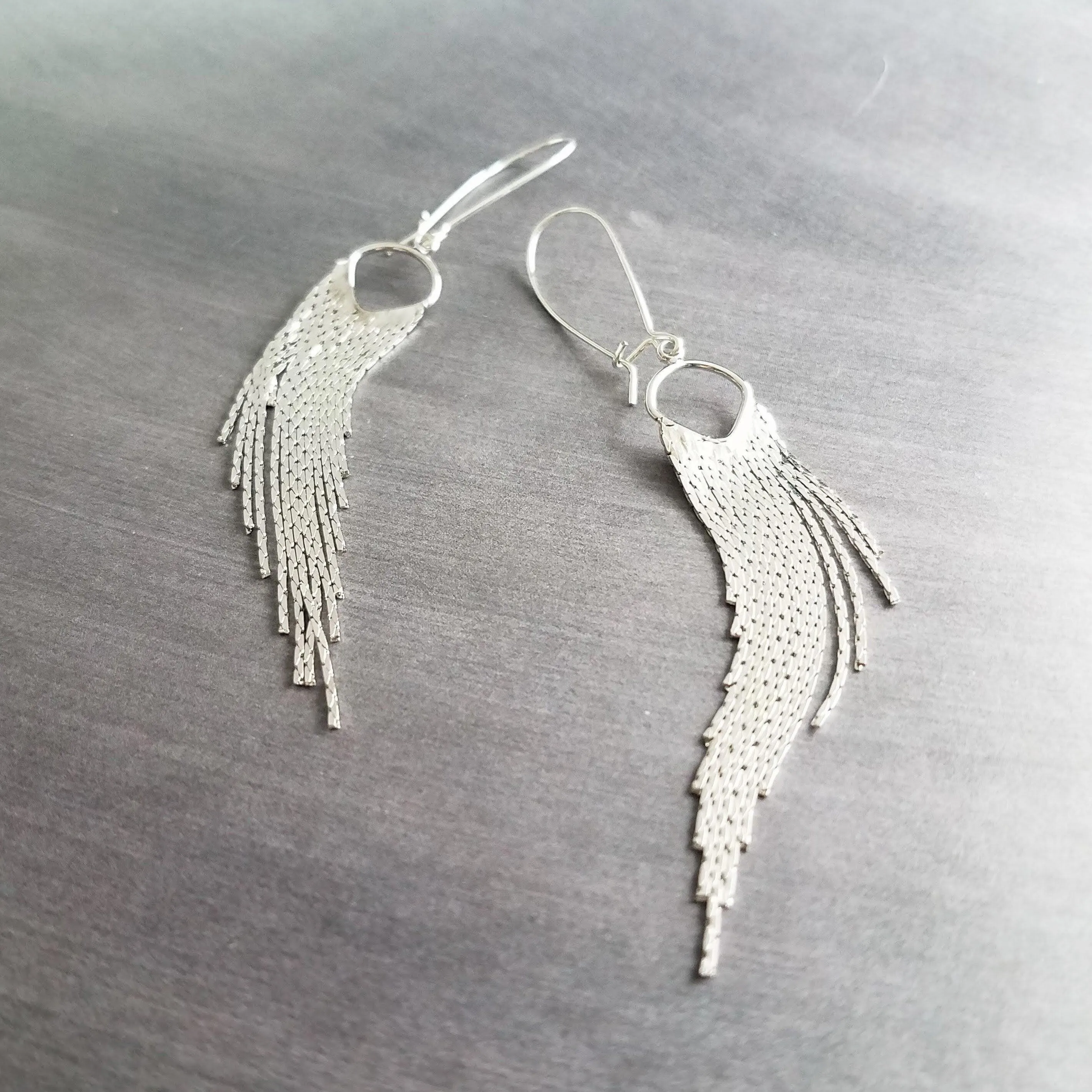 Silver Fringe Earrings - thin snake chain strands, chain dangle, v shape chain, thin chain fringe, chain tassel, 4" long earring, sexy