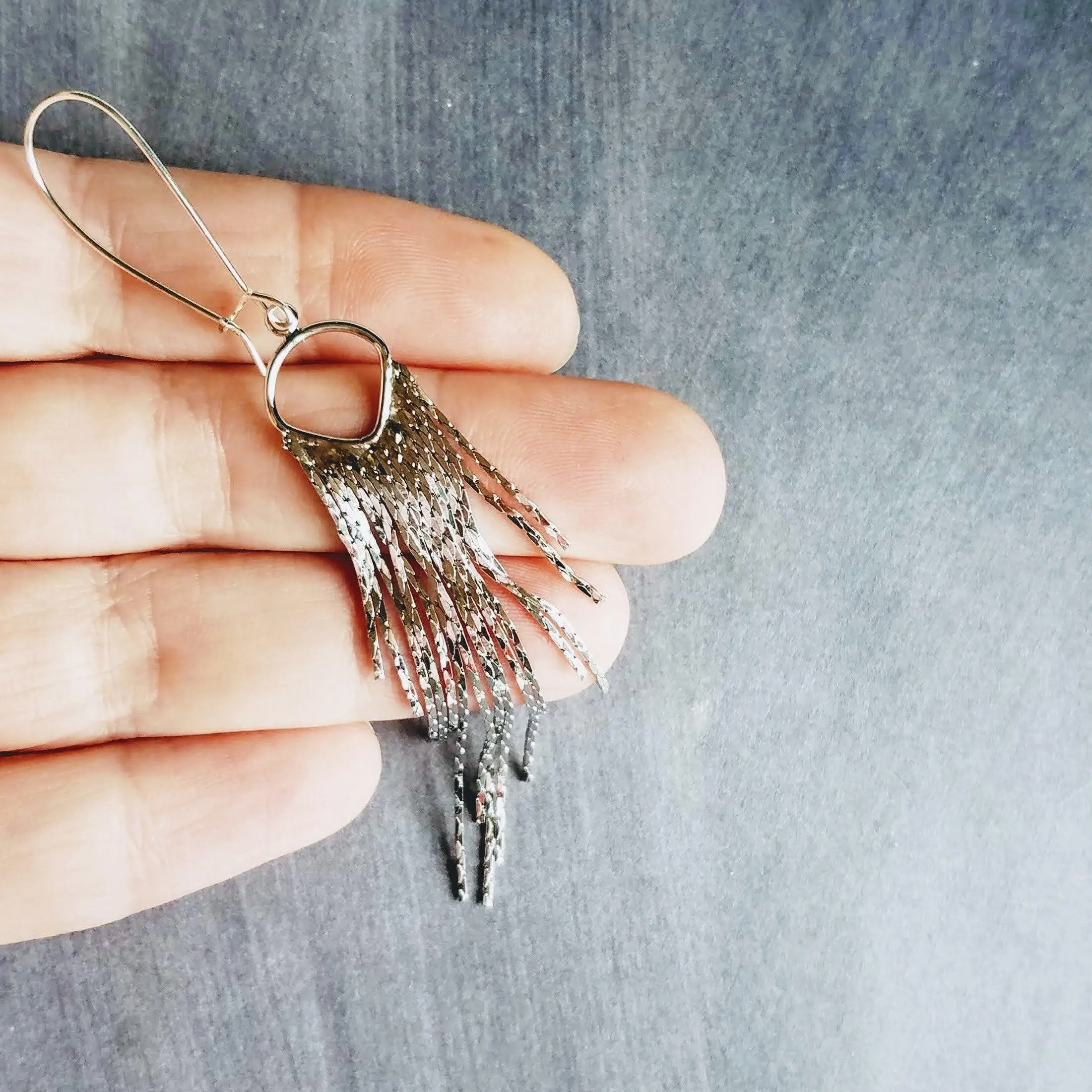 Silver Fringe Earrings - thin snake chain strands, chain dangle, v shape chain, thin chain fringe, chain tassel, 4" long earring, sexy