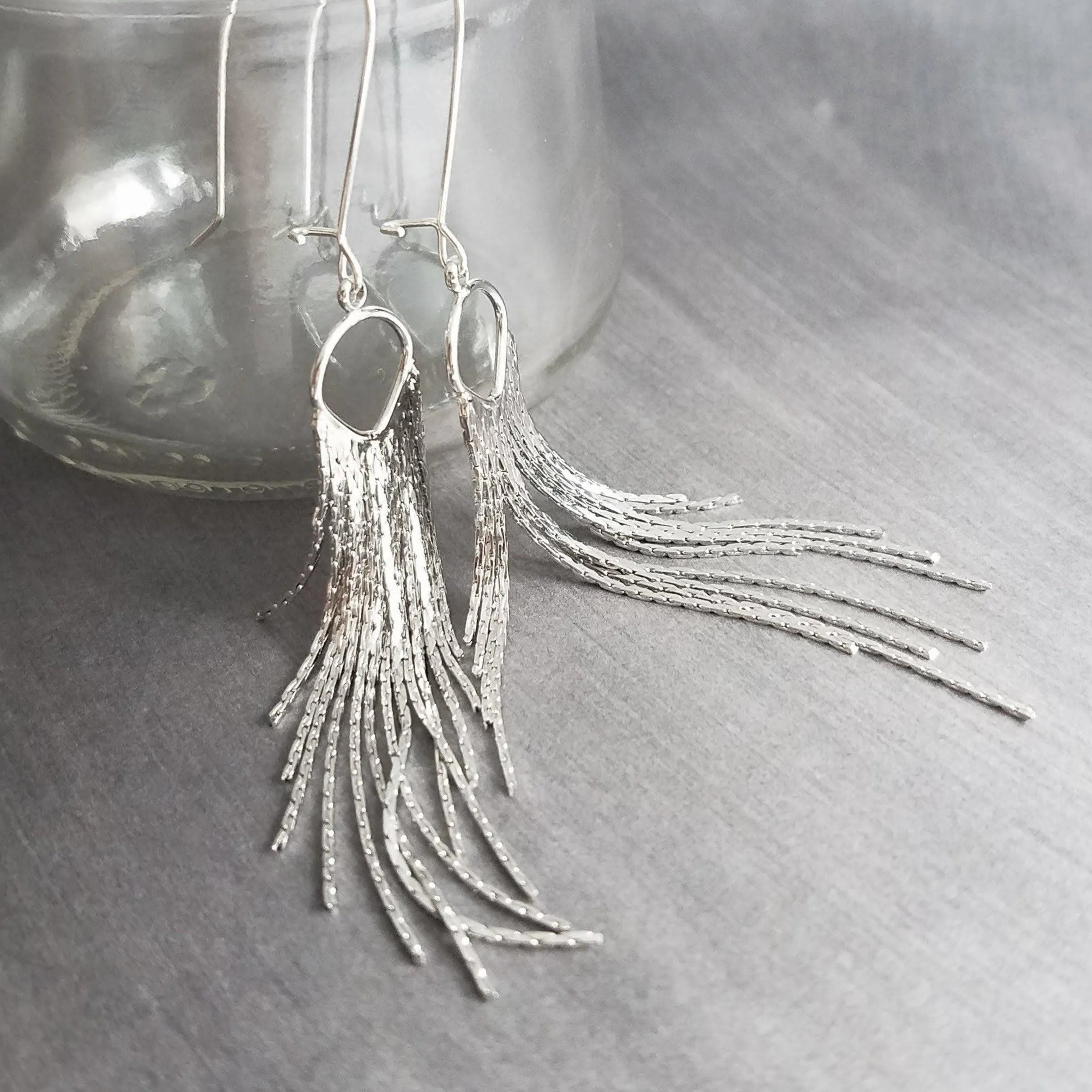 Silver Fringe Earrings - thin snake chain strands, chain dangle, v shape chain, thin chain fringe, chain tassel, 4" long earring, sexy