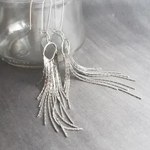 Silver Fringe Earrings - thin snake chain strands, chain dangle, v shape chain, thin chain fringe, chain tassel, 4" long earring, sexy